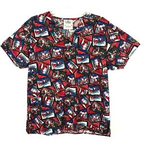Christmas Scrub Womens Shirt Size Small S Red Green Short Sleeve V Neck